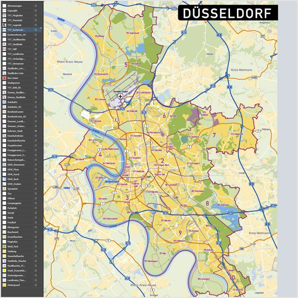 Düsseldorf Stadtplan Vektorkarte Stadtbezirke Stadtteile Topographie