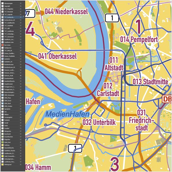 Düsseldorf Stadtplan Vektor Stadtbezirke Stadtteile Topographie, Karte Düsseldorf Vektor Vektorkarte Düsseldorf AI, Stadtplan Düsseldorf Vektordaten