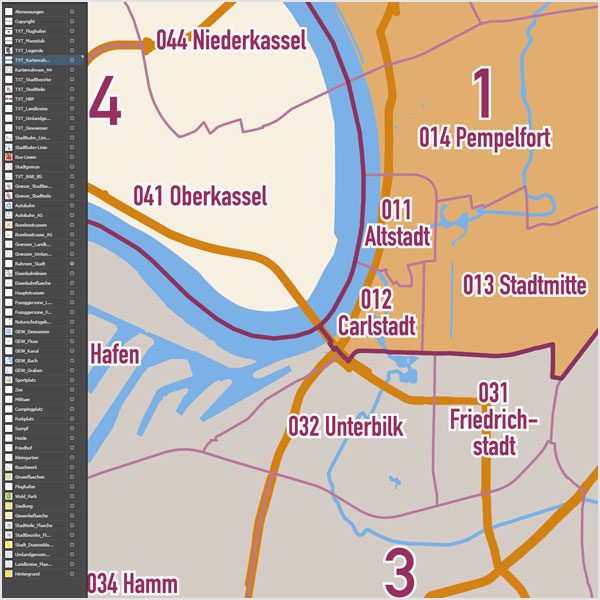 Düsseldorf Stadtplan Vektor Stadtbezirke Stadtteile Topographie, Karte Düsseldorf Vektor Vektorkarte Düsseldorf AI, Stadtplan Düsseldorf Vektordaten