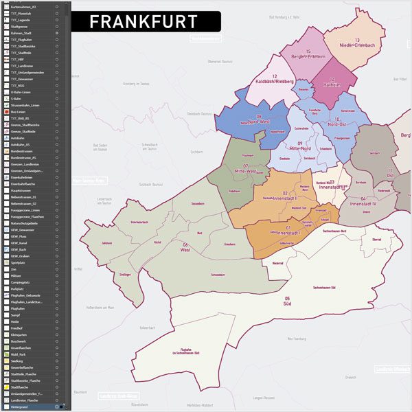 Frankfurt am Main Stadtplan Vektor Stadtbezirke Stadtteile Topographie, Karte Frankurt Stadtteile, Karte Frankfurt Stadtbezirke, Vektorkarte Frankfurt Stadtteile, Stadtplan Frankfurt Stadtteile