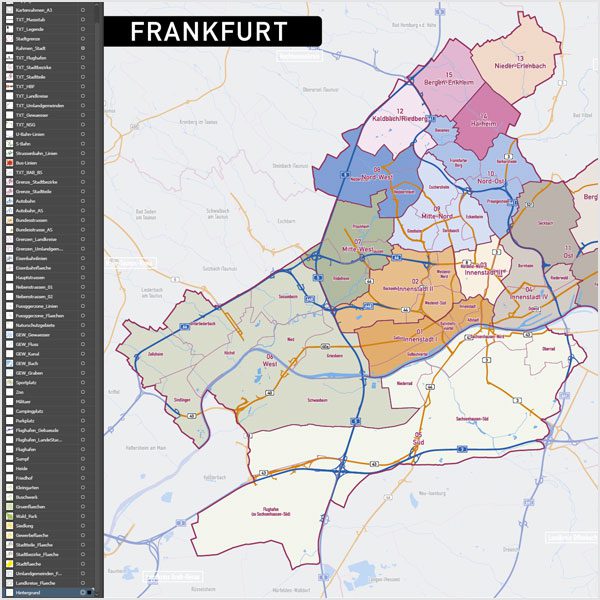 Frankfurt am Main Stadtplan Vektor Stadtbezirke Stadtteile Topographie, Karte Frankurt Stadtteile, Karte Frankfurt Stadtbezirke, Vektorkarte Frankfurt Stadtteile, Stadtplan Frankfurt Stadtteile