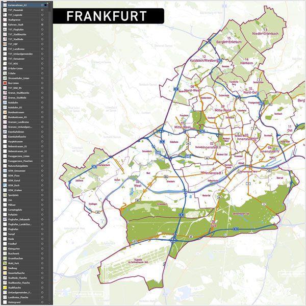 Frankfurt am Main Stadtplan Vektor Stadtbezirke Stadtteile Topographie, Karte Frankurt Stadtteile, Karte Frankfurt Stadtbezirke, Vektorkarte Frankfurt Stadtteile, Stadtplan Frankfurt Stadtteile