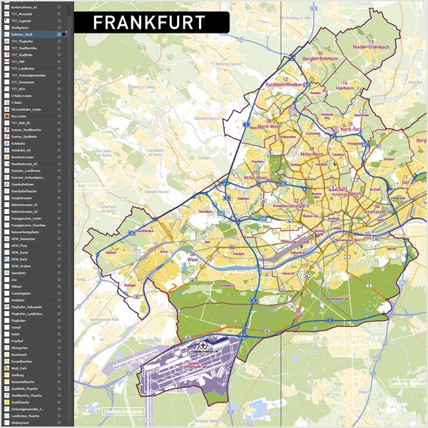 Frankfurt am Main Stadtplan Vektor Stadtbezirke Stadtteile Topographie, Karte Frankurt Stadtteile, Karte Frankfurt Stadtbezirke, Vektorkarte Frankfurt Stadtteile, Stadtplan Frankfurt Stadtteile