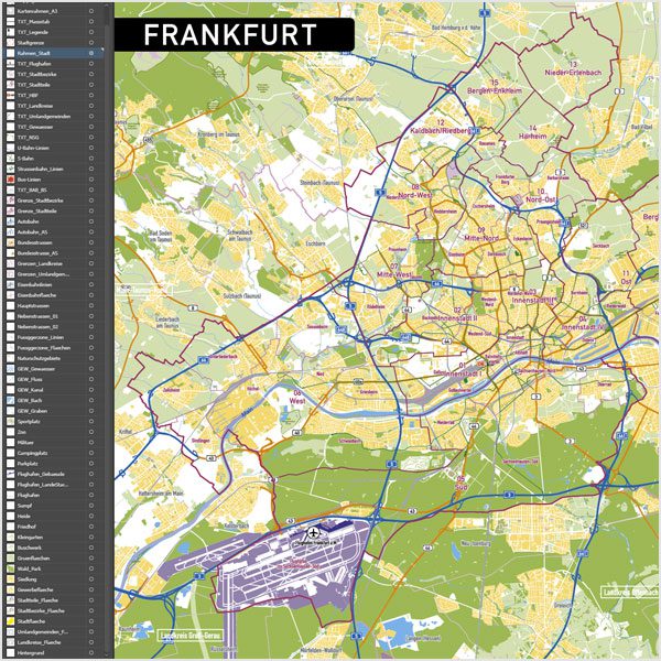 Frankfurt am Main Stadtplan Vektor Stadtbezirke Stadtteile Topographie, Karte Frankurt Stadtteile, Karte Frankfurt Stadtbezirke, Vektorkarte Frankfurt Stadtteile, Stadtplan Frankfurt Stadtteile