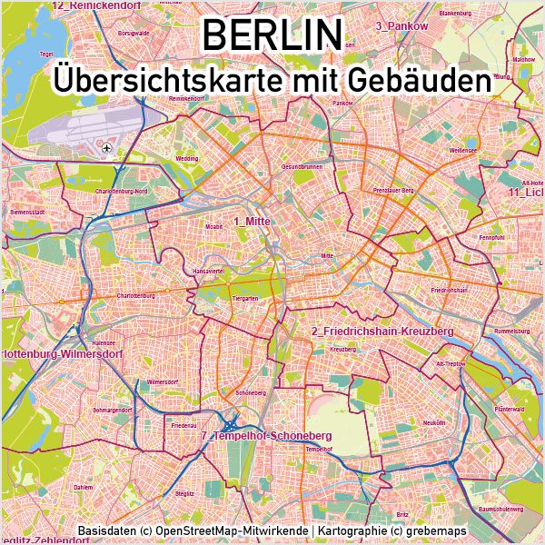 Berlin Karte Vektor Übersicht mit Gebäuden Stadtteilen Topographie, Karte Berlin Stadtteile, Karte Berlin Stadtbezirke, Vektorkarte Berlin Gebäude, Karte Berlin mit Gebäuden, Stadtplan Berlin, Stadtkarte Berlin