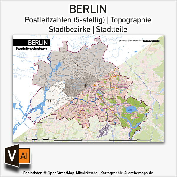 Berlin Postleitzahlen PLZ-5 Topographie Stadtbezirke Stadtteile Vektorkarte, Karte Berlin Postleitzahlen, Vektorkarte Berlin Postleitzahlen, PLZ-Karte Berlin, Karte Berlin PLZ Stadtteile, Vektorkarte Berlin PLZ Stadtteile