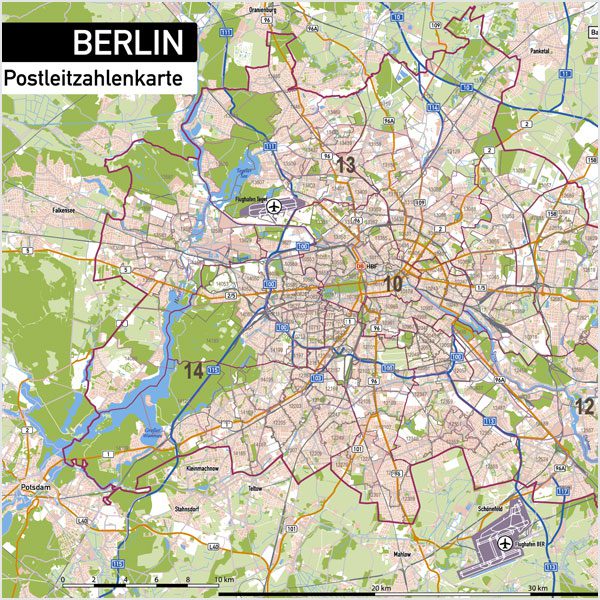 Berlin Postleitzahlen PLZ-5 Topographie Stadtbezirke Stadtteile Vektorkarte, Karte Berlin Postleitzahlen, Vektorkarte Berlin Postleitzahlen, PLZ-Karte Berlin, Karte Berlin PLZ Stadtteile, Vektorkarte Berlin PLZ Stadtteile