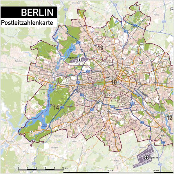 Berlin Postleitzahlen PLZ-5 Topographie Stadtbezirke Stadtteile Vektorkarte, Karte Berlin Postleitzahlen, Vektorkarte Berlin Postleitzahlen, PLZ-Karte Berlin, Karte Berlin PLZ Stadtteile, Vektorkarte Berlin PLZ Stadtteile