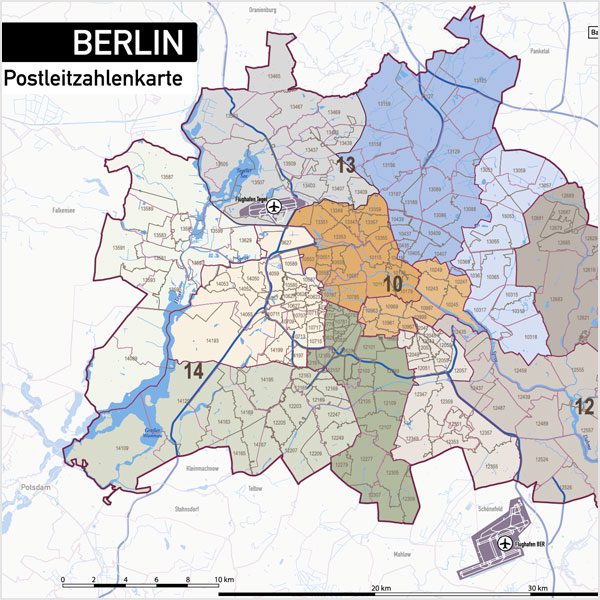 Berlin Postleitzahlen PLZ-5 Topographie Stadtbezirke Stadtteile Vektorkarte, Karte Berlin Postleitzahlen, Vektorkarte Berlin Postleitzahlen, PLZ-Karte Berlin, Karte Berlin PLZ Stadtteile, Vektorkarte Berlin PLZ Stadtteile