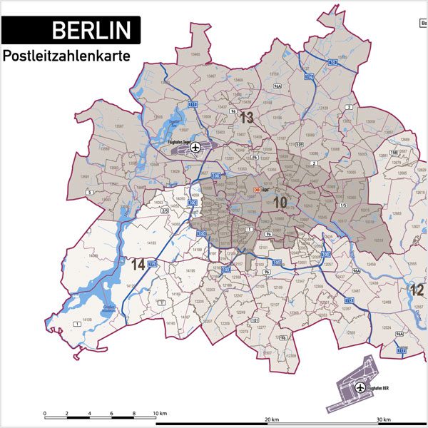 Berlin Postleitzahlen PLZ-5 Topographie Stadtbezirke Stadtteile Vektorkarte, Karte Berlin Postleitzahlen, Vektorkarte Berlin Postleitzahlen, PLZ-Karte Berlin, Karte Berlin PLZ Stadtteile, Vektorkarte Berlin PLZ Stadtteile