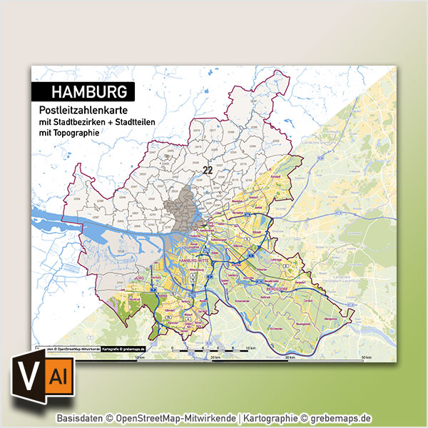 Hamburg Stadtplan Postleitzahlen PLZ-5 Topographie Stadtbezirke Stadtteile Vektorkarte, Karte Hamburg Postleitzahlen PLZ-5, PLZ-Karte Hamburg, Hamburg Karte PLZ, Postleitzahlen 5-stellig Hamburg