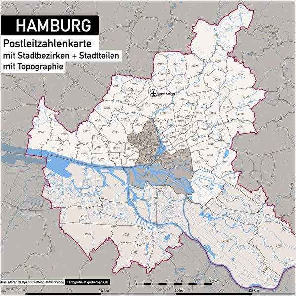 Hamburg Stadtplan Postleitzahlen PLZ-5 Topographie Stadtbezirke Stadtteile Vektorkarte, Karte Hamburg Postleitzahlen PLZ-5, PLZ-Karte Hamburg, Hamburg Karte PLZ, Postleitzahlen 5-stellig Hamburg