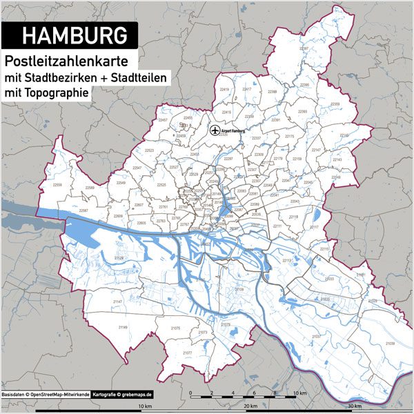 Hamburg Stadtplan Postleitzahlen PLZ-5 Topographie Stadtbezirke Stadtteile Vektorkarte, Karte Hamburg Postleitzahlen PLZ-5, PLZ-Karte Hamburg, Hamburg Karte PLZ, Postleitzahlen 5-stellig Hamburg