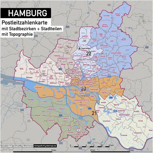 Hamburg Stadtplan Postleitzahlen PLZ-5 Topographie Stadtbezirke Stadtteile Vektorkarte, Karte Hamburg Postleitzahlen PLZ-5, PLZ-Karte Hamburg, Hamburg Karte PLZ, Postleitzahlen 5-stellig Hamburg