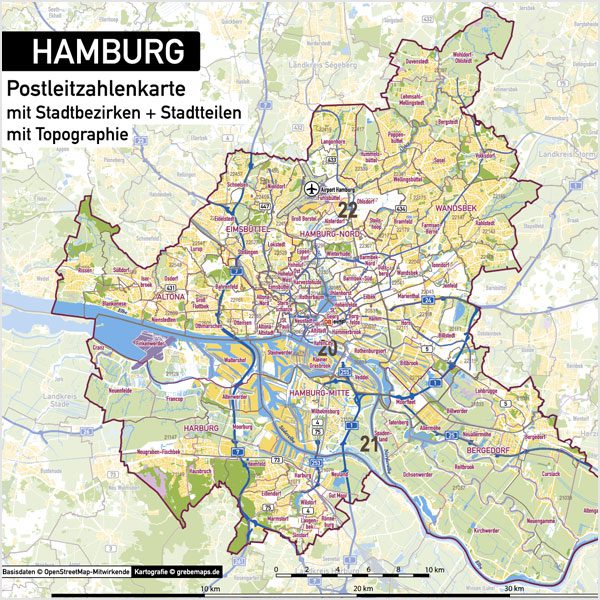 Hamburg Stadtplan Postleitzahlen PLZ-5 Topographie Stadtbezirke Stadtteile Vektorkarte, Karte Hamburg Postleitzahlen PLZ-5, PLZ-Karte Hamburg, Hamburg Karte PLZ, Postleitzahlen 5-stellig Hamburg