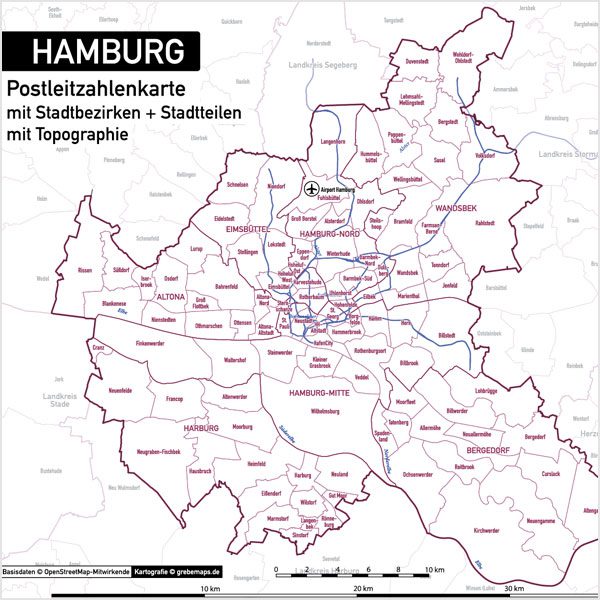 Hamburg Stadtplan Postleitzahlen PLZ-5 Topographie Stadtbezirke Stadtteile Vektorkarte, Karte Hamburg Postleitzahlen PLZ-5, PLZ-Karte Hamburg, Hamburg Karte PLZ, Postleitzahlen 5-stellig Hamburg