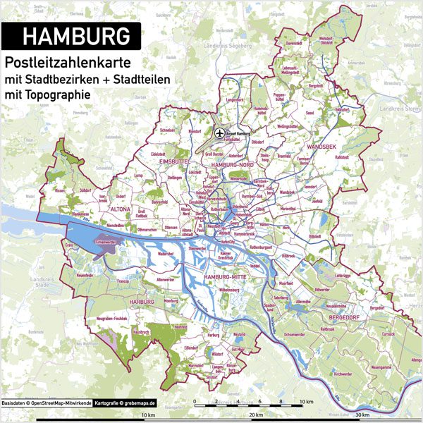 Hamburg Stadtplan Postleitzahlen PLZ-5 Topographie Stadtbezirke Stadtteile Vektorkarte, Karte Hamburg Postleitzahlen PLZ-5, PLZ-Karte Hamburg, Hamburg Karte PLZ, Postleitzahlen 5-stellig Hamburg