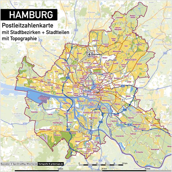 Hamburg Stadtplan Postleitzahlen PLZ-5 Topographie Stadtbezirke Stadtteile Vektorkarte, Karte Hamburg Postleitzahlen PLZ-5, PLZ-Karte Hamburg, Hamburg Karte PLZ, Postleitzahlen 5-stellig Hamburg