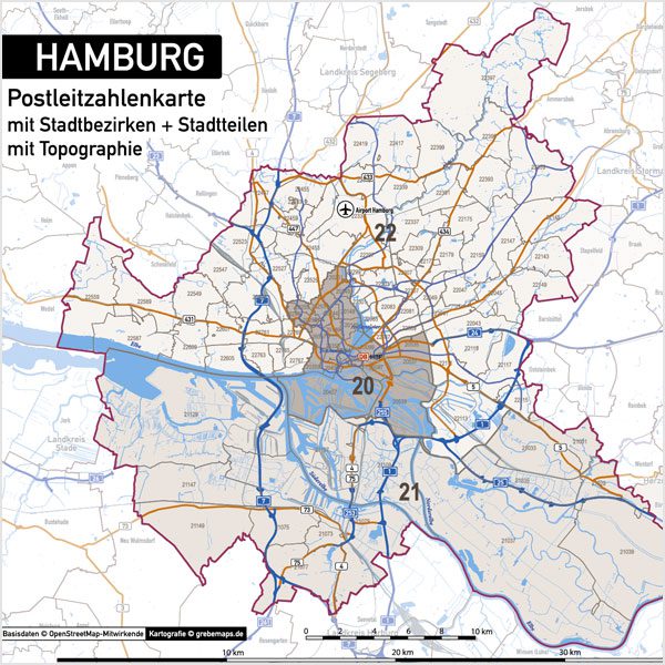 Hamburg Stadtplan Postleitzahlen PLZ-5 Topographie Stadtbezirke Stadtteile Vektorkarte, Karte Hamburg Postleitzahlen PLZ-5, PLZ-Karte Hamburg, Hamburg Karte PLZ, Postleitzahlen 5-stellig Hamburg