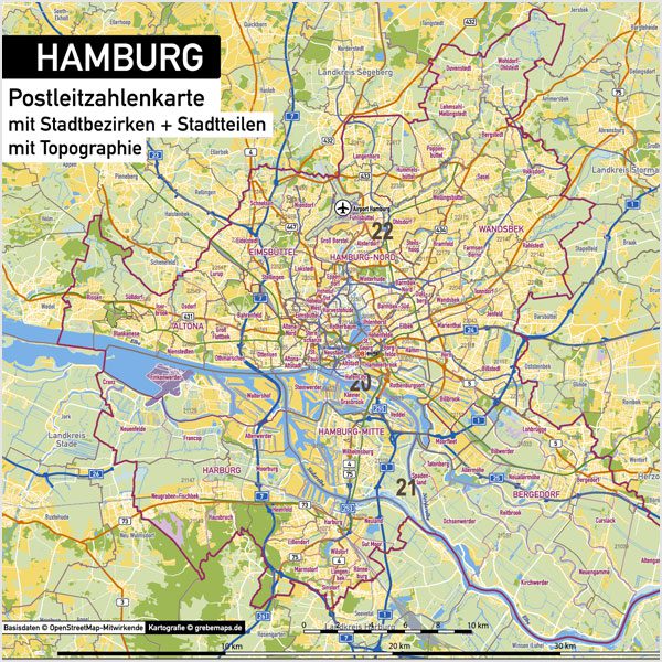 Hamburg Stadtplan Postleitzahlen PLZ-5 Topographie Stadtbezirke Stadtteile Vektorkarte, Karte Hamburg Postleitzahlen PLZ-5, PLZ-Karte Hamburg, Hamburg Karte PLZ, Postleitzahlen 5-stellig Hamburg