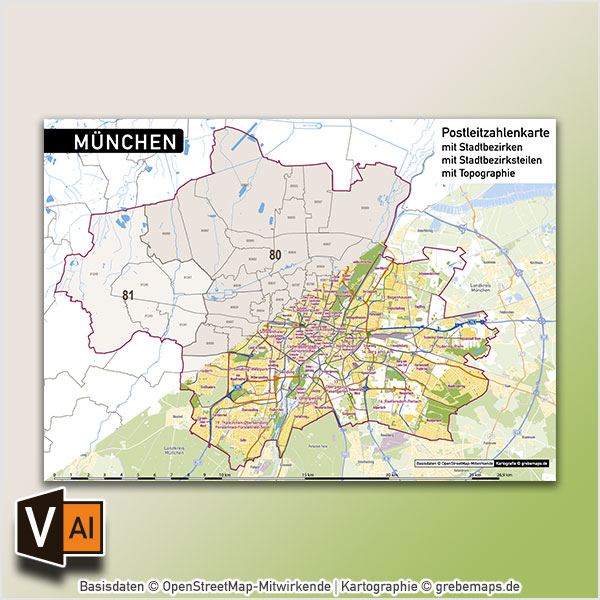 München Postleitzahlen PLZ-5 Topographie Stadtbezirke Stadtteile Vektorkarte, Karte PLZ München, Karte Postleitzahlen München, Karte Stadtteile München, Karte Stadtbezirke München, Landkarte München, Karte PLZ München Stadtteile