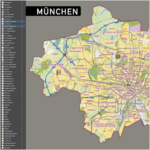 München Postleitzahlen PLZ-5 Topographie Stadtbezirke Stadtteile Vektorkarte, Karte PLZ München, Karte Postleitzahlen München, Karte Stadtteile München, Karte Stadtbezirke München, Landkarte München, Karte PLZ München Stadtteile