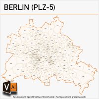 Berlin Postleitzahlen-Karte PLZ-5 Vektor, Vektorkarte PLZ Berlin 5-stellig, Karte PLZ Berlin, Karte Postleitzahlen Berlin