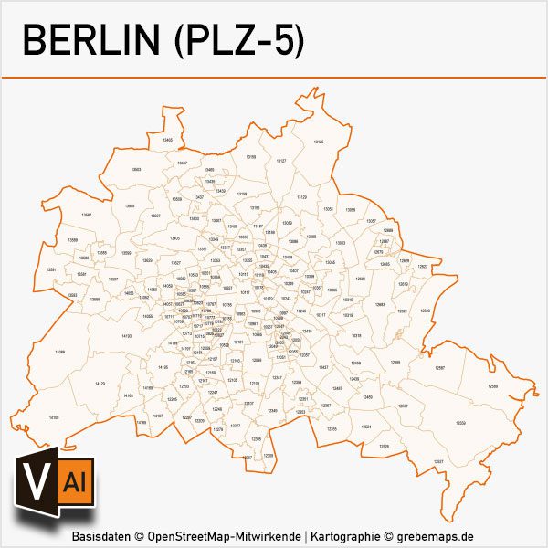 berlin karte postleitzahlen Berlin Postleitzahlen Karte PLZ 5 Vektor | grebemaps® B2B KartenShop