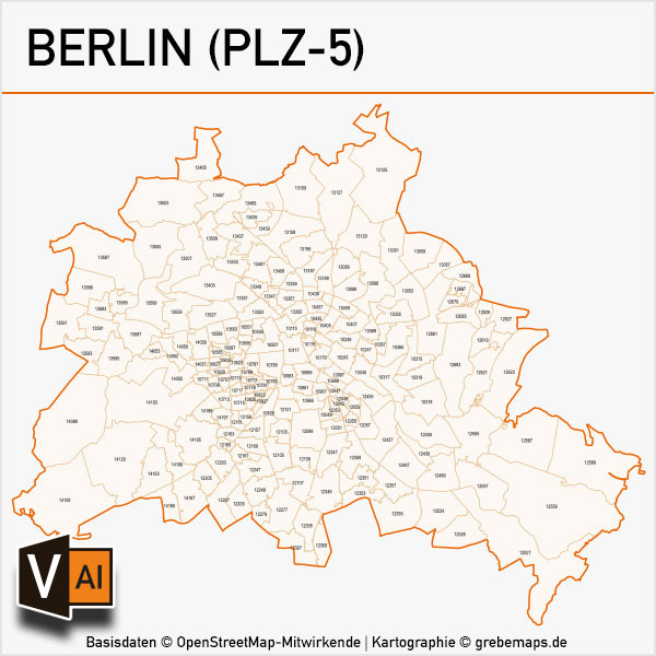 Berlin Postleitzahlen-Karte PLZ-5 Vektor, Vektorkarte PLZ Berlin 5-stellig, Karte PLZ Berlin, Karte Postleitzahlen Berlin