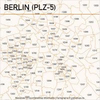Berlin Postleitzahlen-Karte PLZ-5 Vektor, Vektorkarte PLZ Berlin 5-stellig, Karte PLZ Berlin, Karte Postleitzahlen Berlin