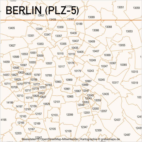 Berlin Postleitzahlen-Karte PLZ-5 Vektor, Vektorkarte PLZ Berlin 5-stellig, Karte PLZ Berlin, Karte Postleitzahlen Berlin