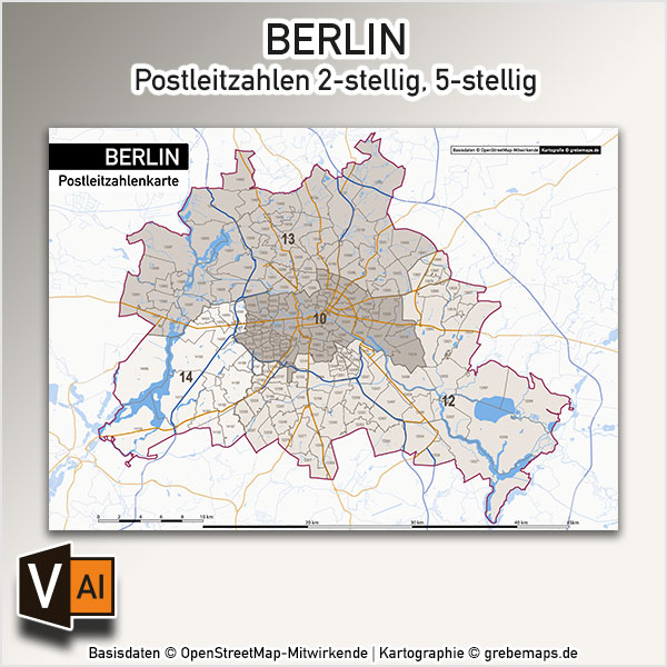 Berlin Karte Postleitzahlen PLZ-5-2 Vektorkarte, Karte Berlin PLZ, Postleitzahlenkarte Berlin, Berlin PLZ Karte, Karte PLZ Berlin, Karte PLZ 5-stellig Berlin