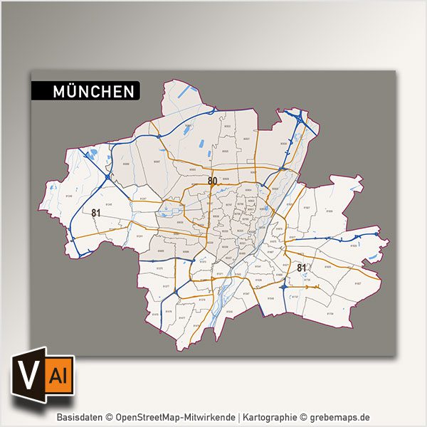 München Postleitzahlenkarte PLZ-5 (5-stellig) Vektorkarte, München Postleitzahlenkarte Vektor PLZ-5, Vektorkarte München PLZ, Karte München PLZ, Postleitzahlenkarte München, Karte PLZ München 5-stellig