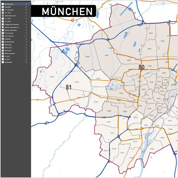 München Postleitzahlenkarte Vektor PLZ-5, Vektorkarte München PLZ, Karte München PLZ, Postleitzahlenkarte München, Karte PLZ München 5-stellig