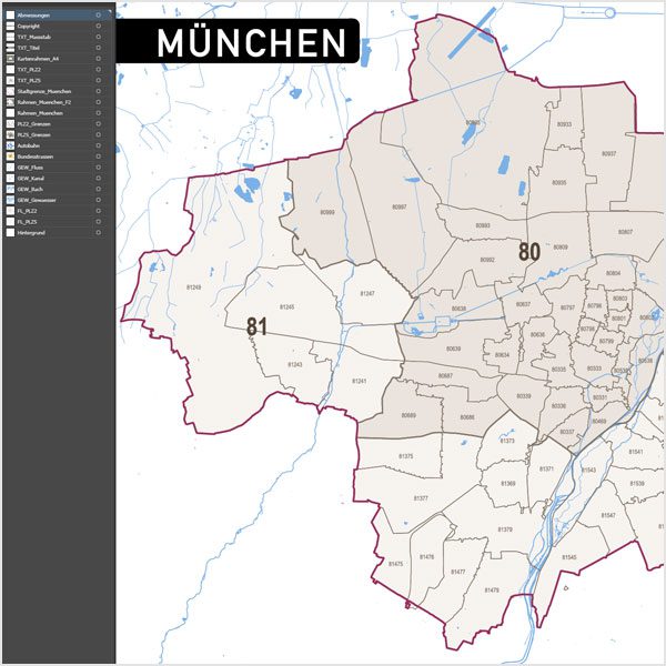 München Postleitzahlenkarte Vektor PLZ-5, Vektorkarte München PLZ, Karte München PLZ, Postleitzahlenkarte München, Karte PLZ München 5-stellig