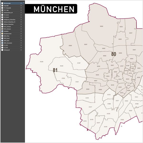 München Postleitzahlenkarte PLZ-5 (5-stellig) Vektorkarte, München Postleitzahlenkarte Vektor PLZ-5, Vektorkarte München PLZ, Karte München PLZ, Postleitzahlenkarte München, Karte PLZ München 5-stellig