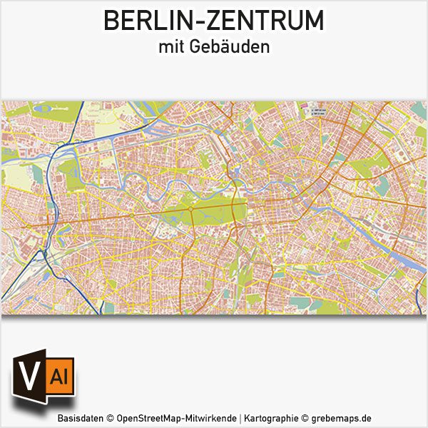 Berlin-Zentrum Vektorkarte mit Gebäuden Basiskarte, Karte Berlin Zentrum mit Gebäuden, Basiskarte Berlin-Zentrum, Vektorkarte Berlin-Zentrum