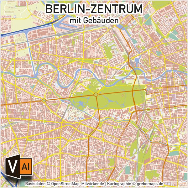 Berlin-Zentrum Vektorkarte mit Gebäuden Basiskarte, Karte Berlin Zentrum mit Gebäuden, Basiskarte Berlin-Zentrum, Vektorkarte Berlin-Zentrum