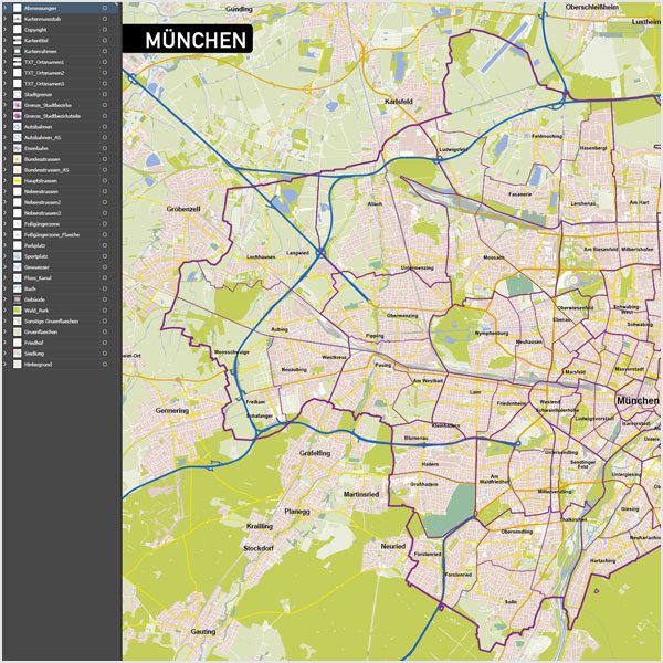 München Vektorkarte mit Gebäuden, Karte München, Stadtplan München, Basiskarte München mit Topographie, Karte Vektor München