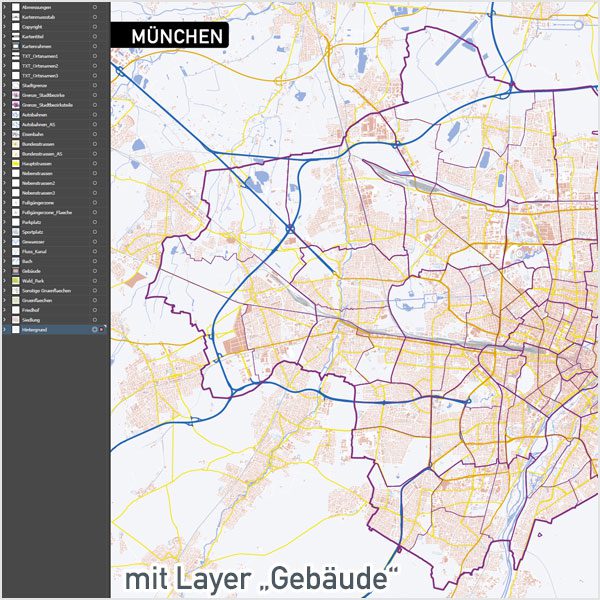 München Vektorkarte mit Gebäuden, Karte München, Stadtplan München, Basiskarte München mit Topographie, Karte Vektor München