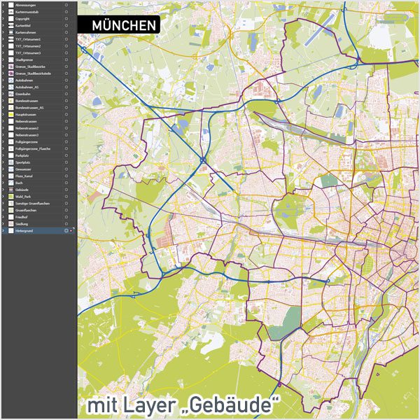 München Vektorkarte mit Gebäuden, Karte München, Stadtplan München, Basiskarte München mit Topographie, Karte Vektor München