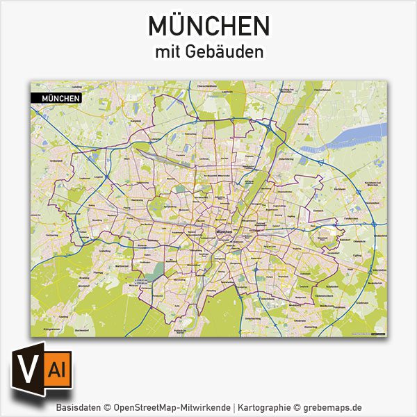 München Vektorkarte mit Gebäuden, Karte München, Stadtplan München, Basiskarte München mit Topographie, Karte Vektor München