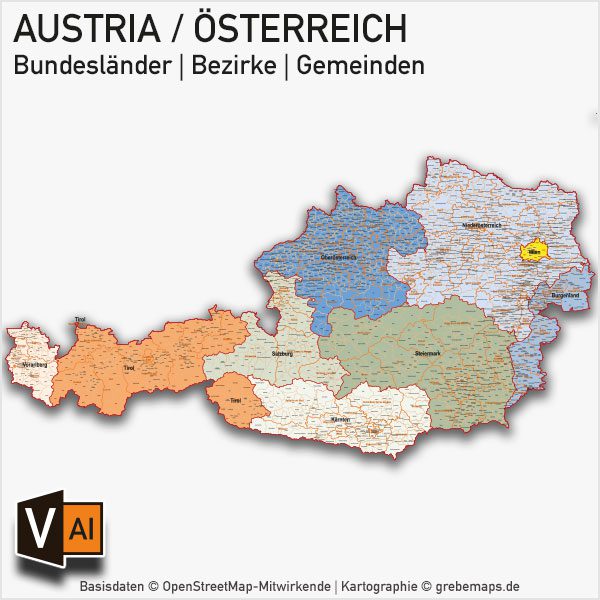 Österreich Austria Vektorkarte Bundesländer Bezirke Gemeinden, Karte Österreich Bezirke, Karte Österreich Bundesländer, Karte Österreich Gemeinden, Vektorkarte Österreich Gemeinden, Karte Austria Gemeinden