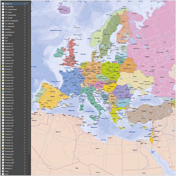 Europakarte Vektor mit Provinzen flächentreu, Karte Europa flächentreu, Europakarte flächentreu, Karte Vektor Europa AI