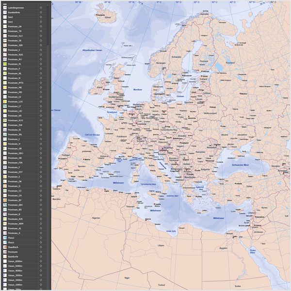 Europakarte Vektor mit Provinzen flächentreu, Karte Europa flächentreu, Europakarte flächentreu, Karte Vektor Europa AI