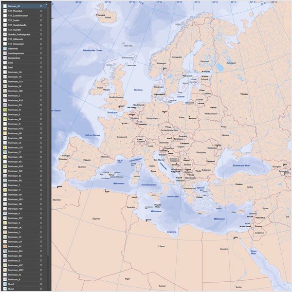 Europakarte Vektor mit Provinzen flächentreu, Karte Europa flächentreu, Europakarte flächentreu, Karte Vektor Europa AI