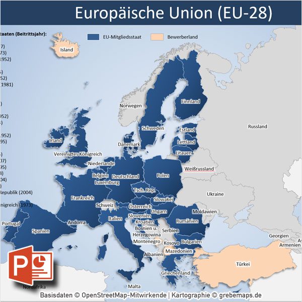 PowerPoint-Karte Europa EU-28, PowerPoint-Karte Europa EU-28, Karte PowerPoint Europa