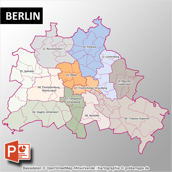 PowerPoint-Karte Berlin mit Bezirken und Stadtteilen, Karte PowerPoint Berlin Stadtbezirke, Karte PowerPoint Berlin Stadtteile, Vektorkarte Berlin Stadtteile PowerPoint