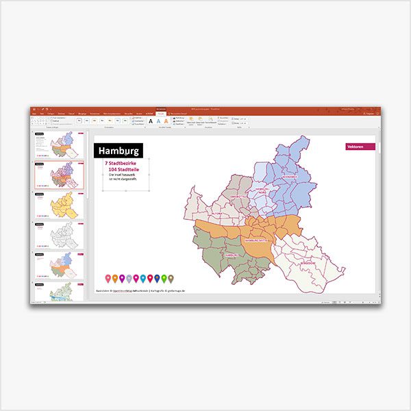 PowerPoint-Karte Hamburg mit Bezirken und Stadtteilen mit Bitmap-Karten, Karte Hamburg Stadtbezirke PowerPoint, Karte Hamburg Stadtteile PowerPoint