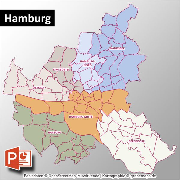 PowerPoint-Karte Hamburg mit Bezirken und Stadtteilen mit Bitmap-Karten, Karte Hamburg Stadtbezirke PowerPoint, Karte Hamburg Stadtteile PowerPoint